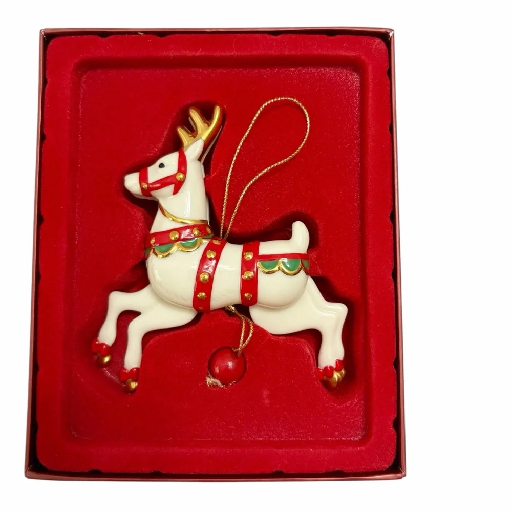 Lenox | Vintage Porcelain Reindeer Pull String Christmas Ornament